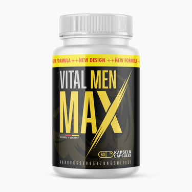 Kunststoffdose mit schwarzem Etikett und gelbem Schriftzug Vital Men Max, 60 Kapseln